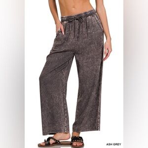NWT - Zenana ACID WASH LINEN BLEND ELASTIC BAND WAIST PANTS in Ash Gray